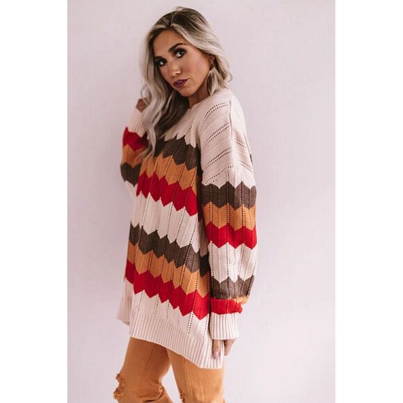 Ces Femme Sweaters - Ces Femme Colorful‎ Geometric Striped Oversized Knitted Sweater Loose Fit Sz S
